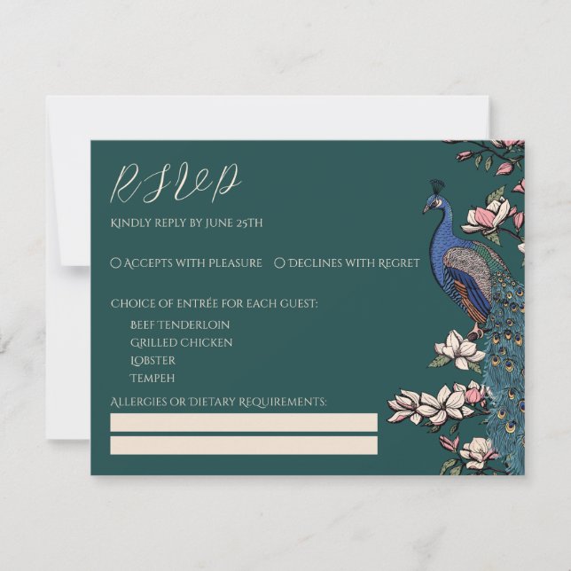 Teal Peacock & Magnolia Wedding RSVP Card (Front)