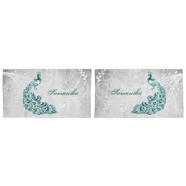 Teal Peacock Personalised Pillowcases (Front-Set)