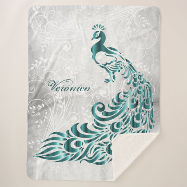Teal Peacock Personalised Sherpa Blanket (Front)