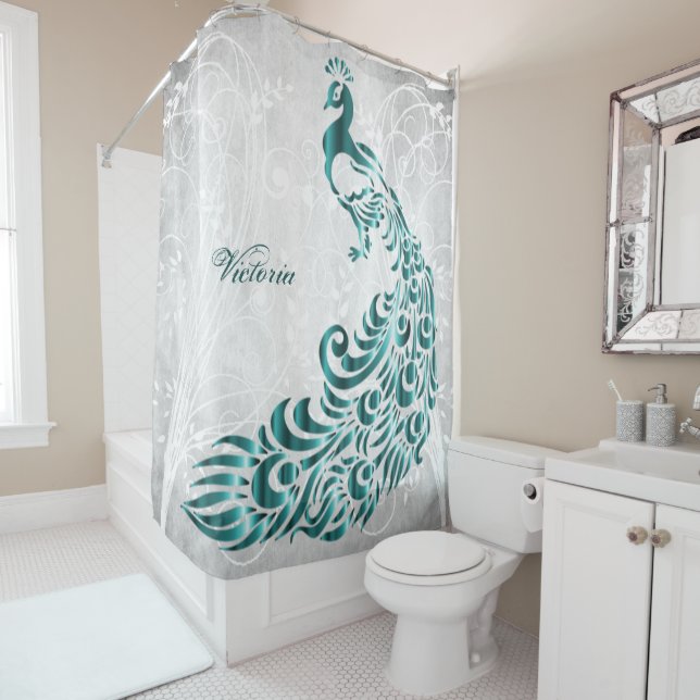 Teal Peacock Personalised Shower Curtain (In Situ)