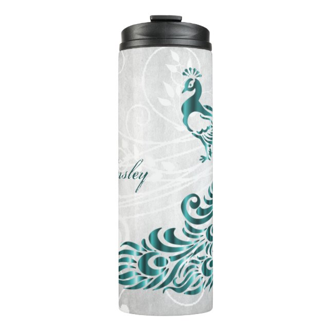 Teal Peacock Personalised Thermal Tumbler (Front)