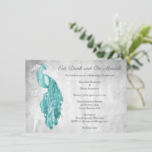 Teal Peacock Rehearsal Dinner Invitation (Standing Front)
