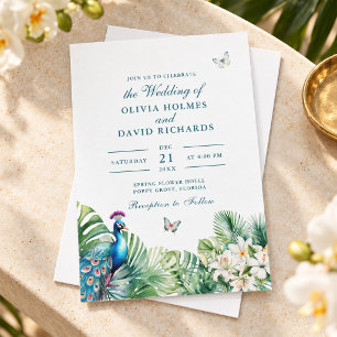 Teal Peacock Tropical Flowers Butterfly Wedding Invitation