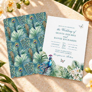 Teal Peacock Tropical Flowers Butterfly Wedding Invitation