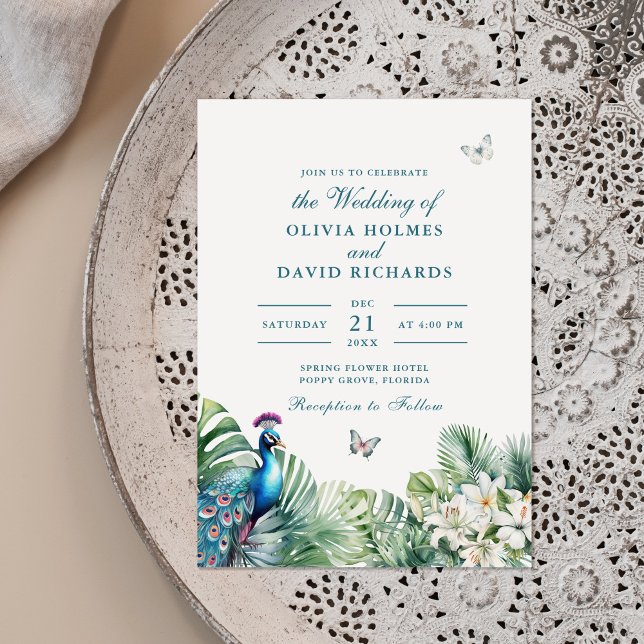 Teal Peacock Tropical Flowers Butterfly Wedding Invitation (Teal Peacock Tropical Flowers Butterfly Wedding Invitation on a boho ceramic plate.)