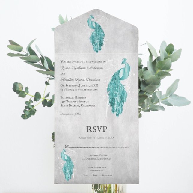 Teal Peacock Wedding All In One Invitation (Teal Peacock All in One Wedding Invite)