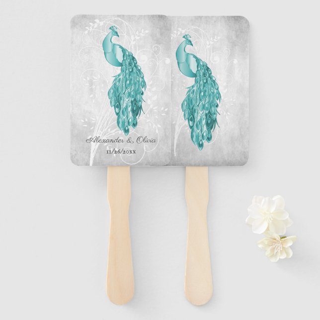 Teal Peacock Wedding Favour Hand Fan (Front and Back)