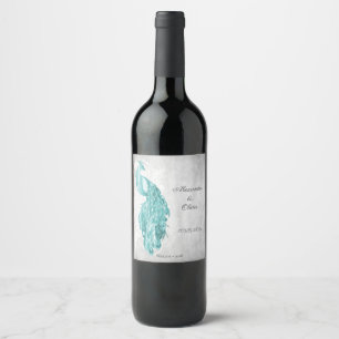 Teal Peacock Wedding Wine Label