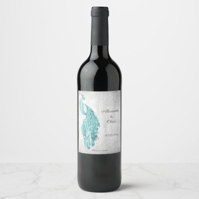 Teal Peacock Wedding Wine Label (Front)