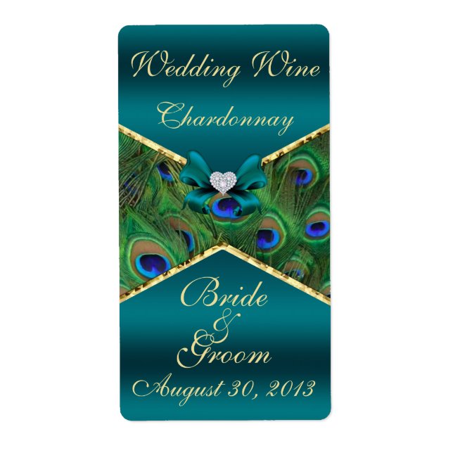 Teal Peacock  Wedding Wine Label (Front)