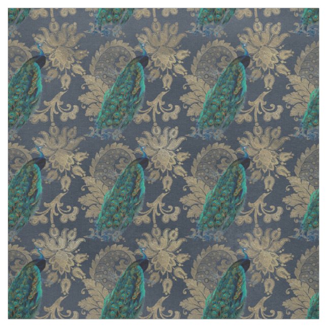Teal Peacocks on Blue and Gold Fabric (Swatch)