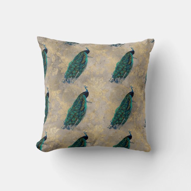 Teal Peacocks on Gold Cushion (Front)