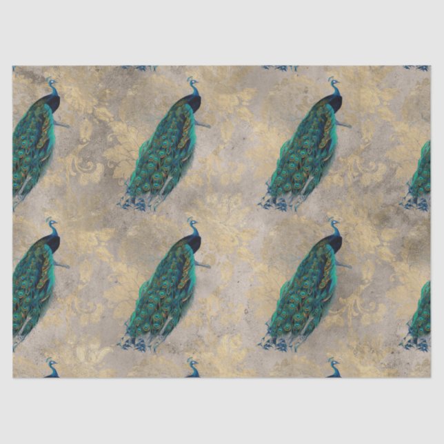 Teal Peacocks on Gold Decoupage Tissue Paper (Front)