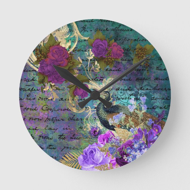 Teal Peacocks Peacock French Acrylic Wall Clock (Front)