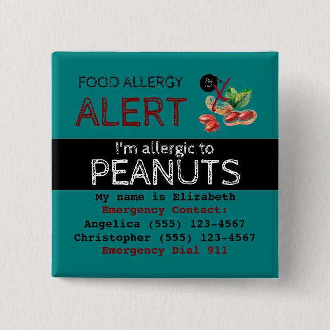Teal Peanut Food Allergy Alert Label 15 Cm Square Badge (Front)