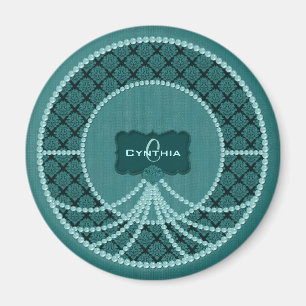 Teal Pearl Damask-Round Magnet