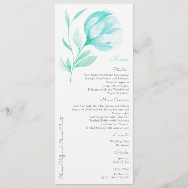 Teal Peonies Wedding Menu (Front)