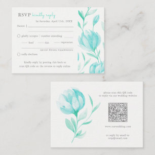 Teal Peonies Wedding RSVP QR Code Enclosure Card