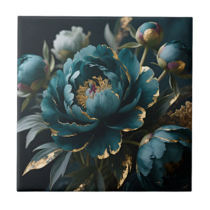 Teal Peony Gold Luxe Botanical Bloom Tile