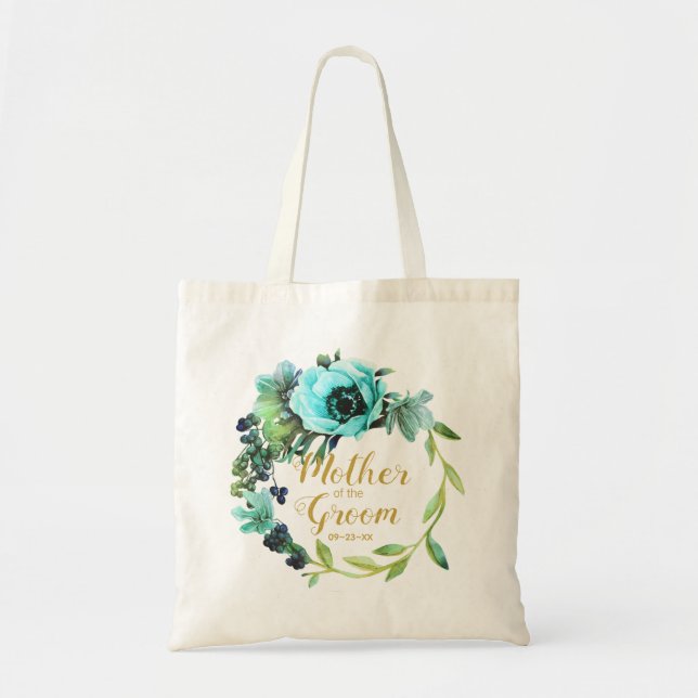 Teal Peony Wreath Mother of the Groom ID456 Tote Bag (Front)