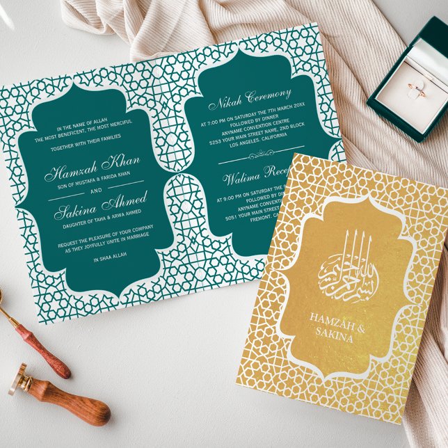 Teal Persian Gold Foil Muslim Wedding Invitation (Creator Uploaded)