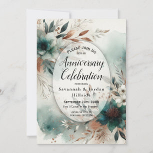 Teal Petals in Bronze Bloom Anniversary Party Invitation