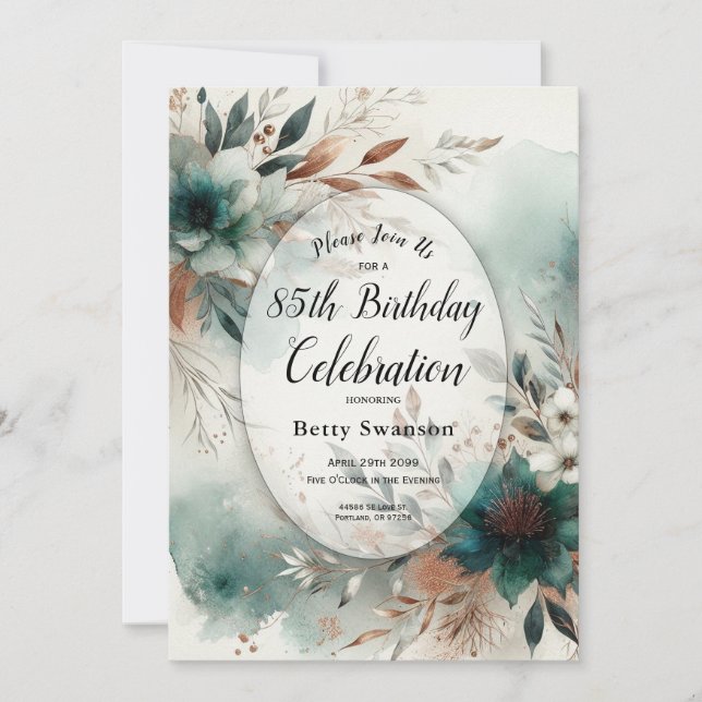 Teal Petals in Bronze Bloom Custom Year Birthday Invitation (Front)