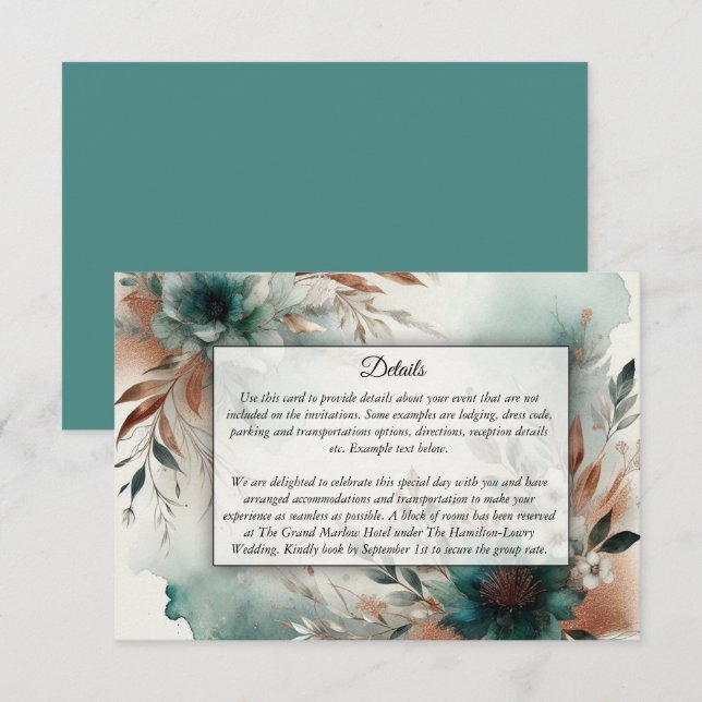 Teal Petals in Bronze Bloom Wedding Enclosure Card (Front/Back)
