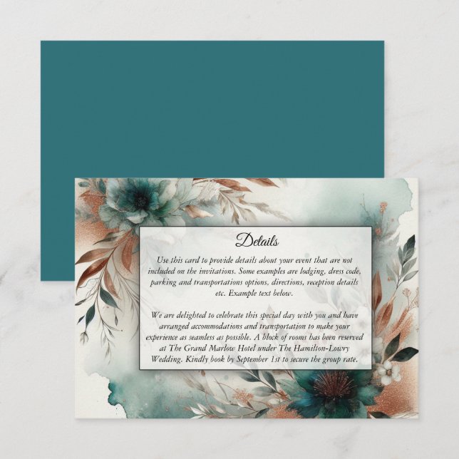 Teal Petals in Bronze Bloom Wedding Enclosure Card (Front/Back)