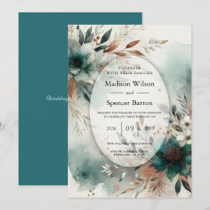 Teal Petals in Bronze Bloom Wedding Invitation