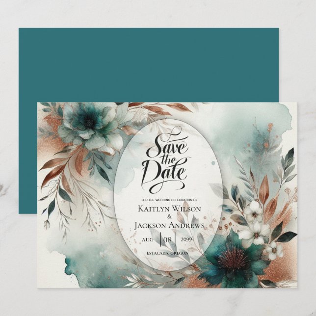 Teal Petals in Bronze Bloom Wedding Save The Date (Front/Back)
