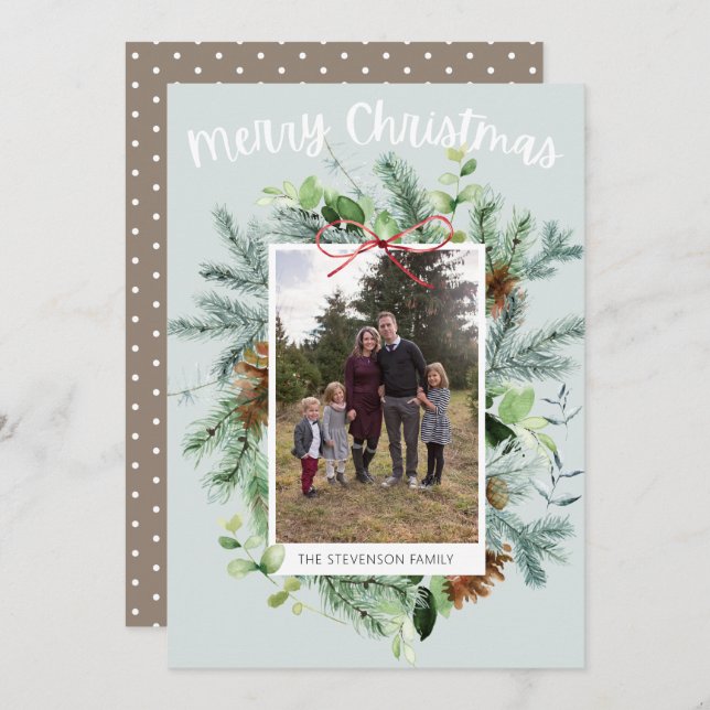 Teal Photo Christmas Greenery Greeting Card (Front/Back)