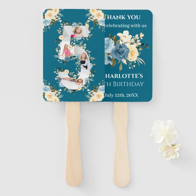 Teal Photo Collage 5th Birthday Blue Yellow Flower Hand Fan (Front and Back)