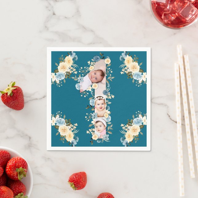 Teal Photo Collage Blue Yellow Flower 1st Birthday Napkin (Insitu)