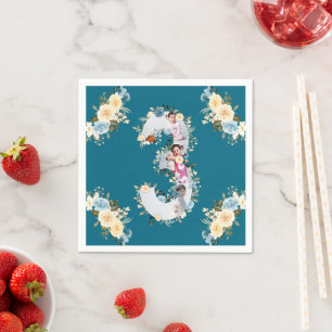 Teal Photo Collage Blue Yellow Flower 3rd Birthday Napkin