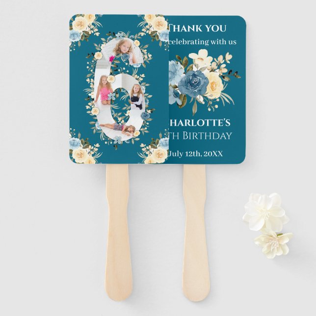 Teal Photo Collage Blue Yellow Flower 6th Birthday Hand Fan (Front and Back)