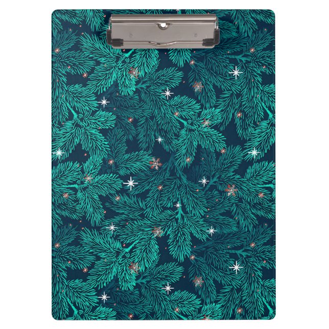 Teal Pine Branches With White Snowflakes Clipboard (Front)