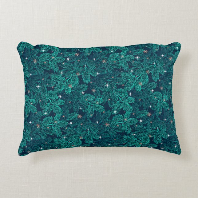 Teal Pine Branches With White Snowflakes Decorative Cushion (Front)