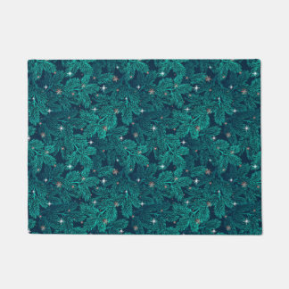 Teal Pine Branches With White Snowflakes Doormat