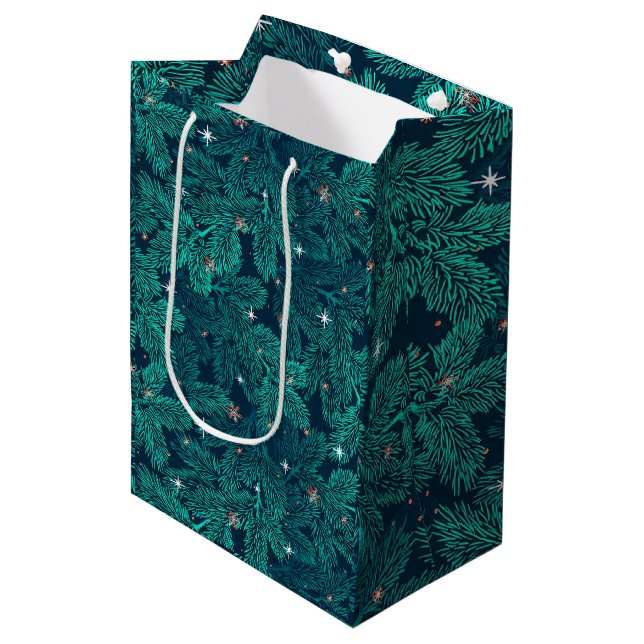 Teal Pine Branches With White Snowflakes Medium Gift Bag (Front Angled)