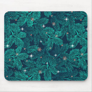 Teal Pine Branches With White Snowflakes Mouse Pad