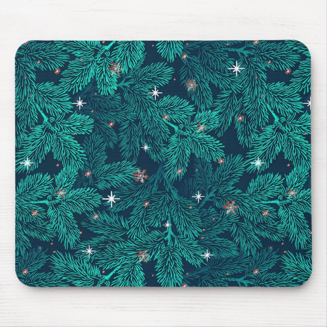 Teal Pine Branches With White Snowflakes Mouse Pad (Front)