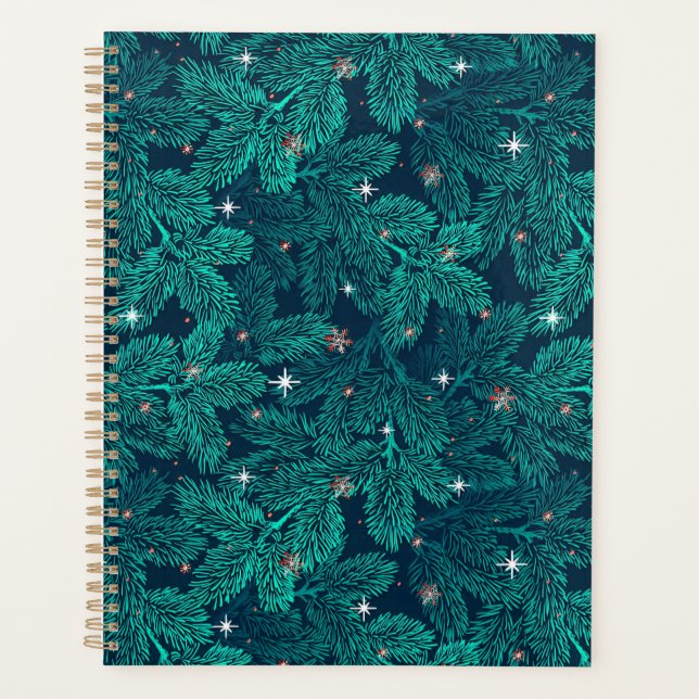 Teal Pine Branches With White Snowflakes Planner (Front)