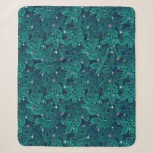 Teal Pine Branches With White Snowflakes Sherpa Blanket