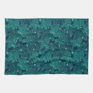 Teal Pine Branches With White Snowflakes Tea Towel