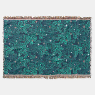 Teal Pine Branches With White Snowflakes Throw Blanket