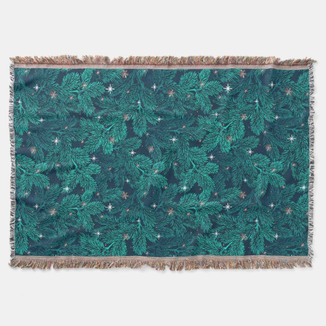 Teal Pine Branches With White Snowflakes Throw Blanket (Front)