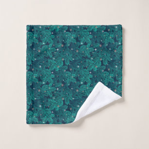 Teal Pine Branches With White Snowflakes Wash Cloth