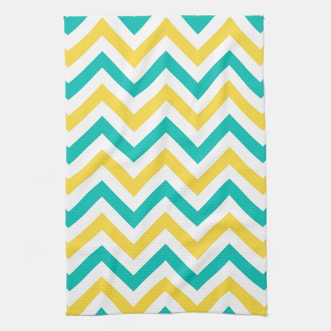 Teal, Pineapple, Wht Large Chevron ZigZag Pattern Tea Towel (Vertical)