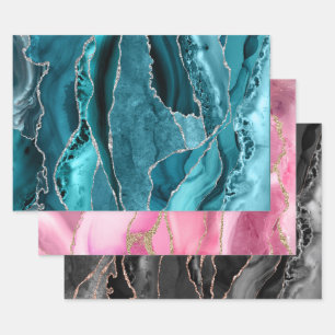 teal pink black agate wrapping paper sheet